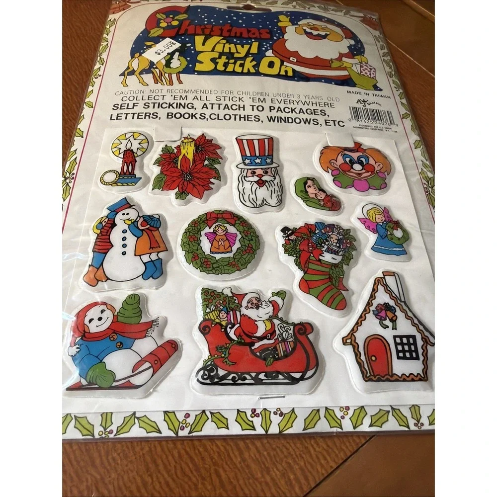 Vintage Christmas Puffy Stickers Vinyl Stick On Santa Wreath Frosty 3D Sheet